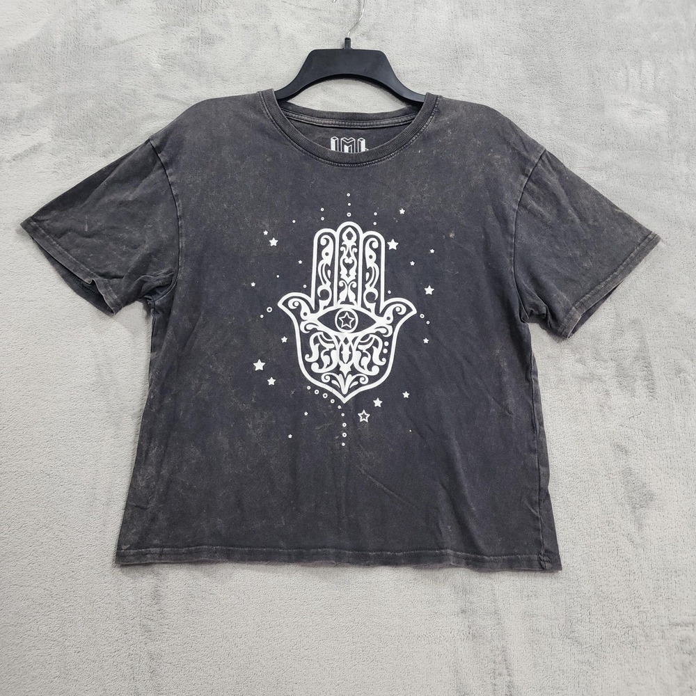 Isaac Morris Shirt Womens S Gray Hamsa Hand Evil Eye Graphic Tee Boho Cropped
